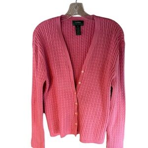 Lauren Ralph Lauren V Beck Cable Knit Cardigan Size XL Pink Stretch Cotton